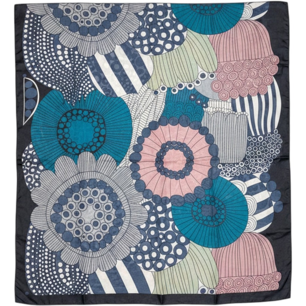 Silk Blend Square Scarf Teal Blue Pink Mod Floral Geometric Lightweight
